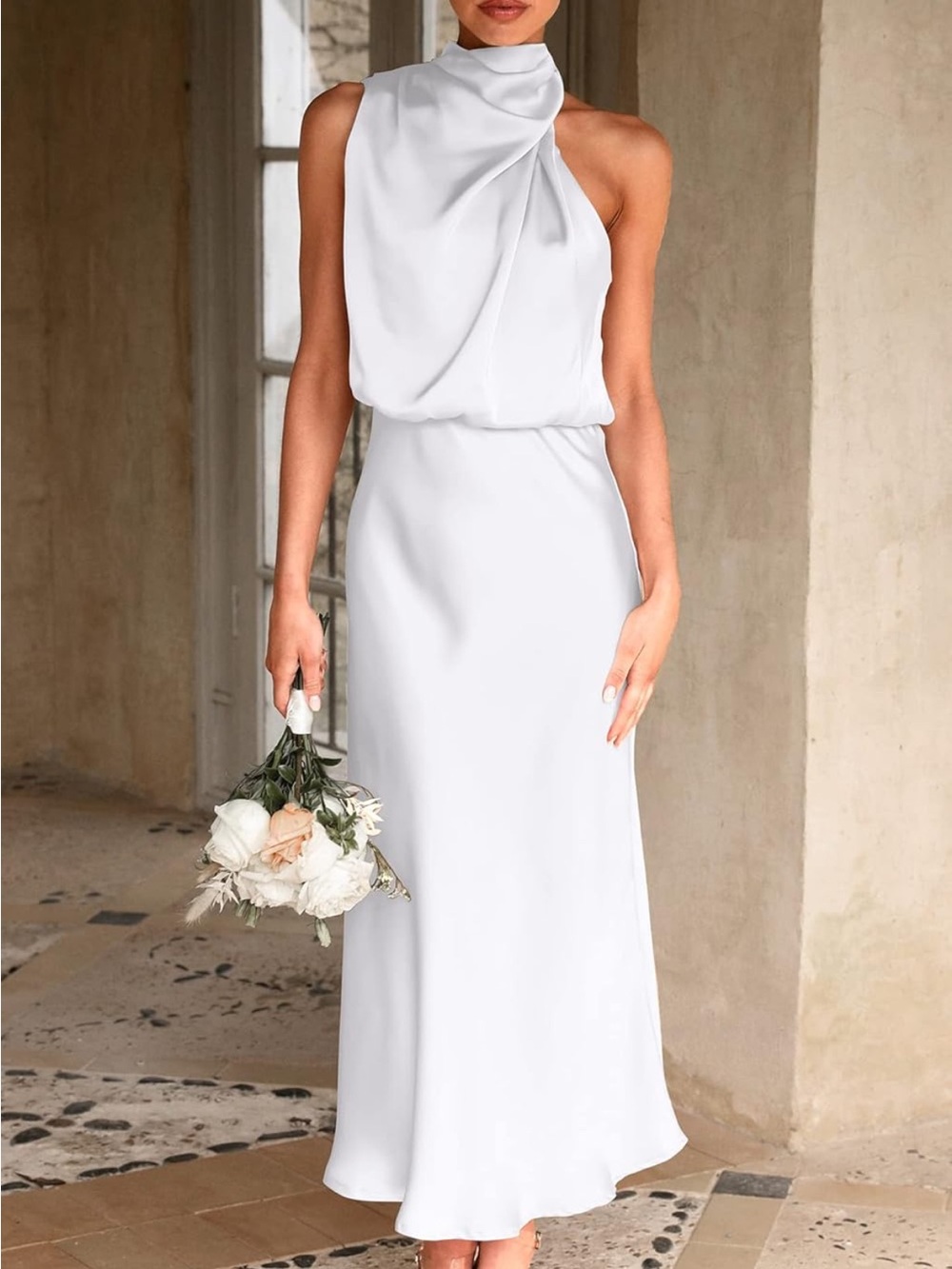 PRETTYGARDEN Women's Satin Sleeveless Mock Neck Cocktail Bridal Dress